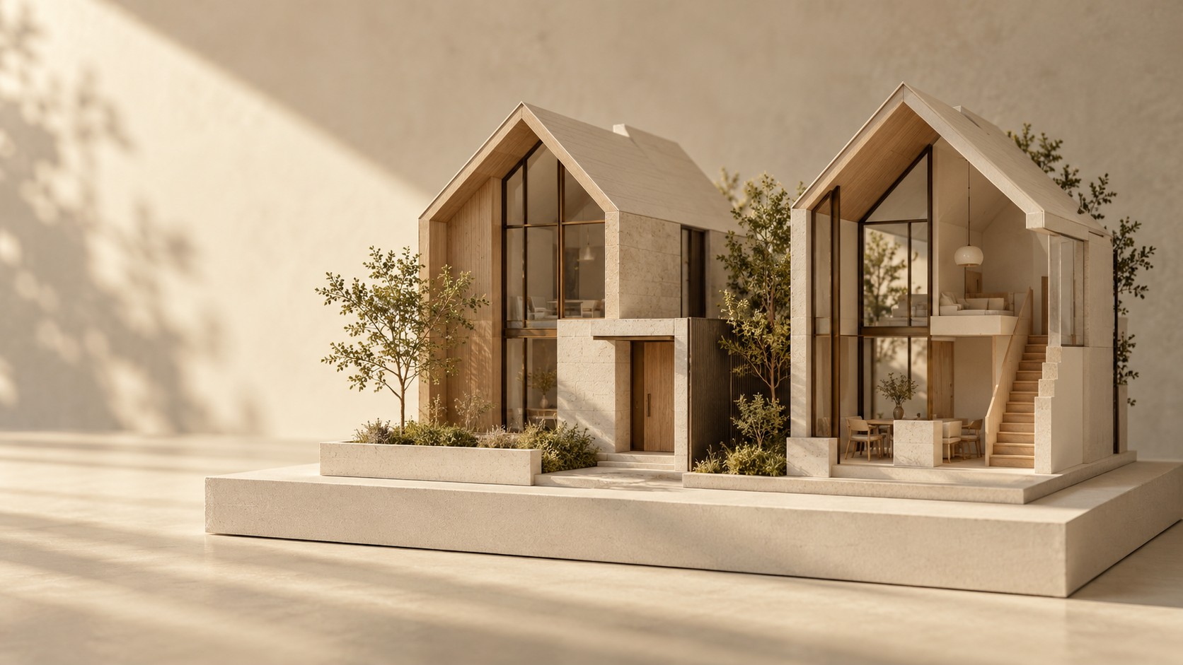 AI-generated architectural model study of two gabled homes in warm timber and limestone; concept imagery, not a Reva project.